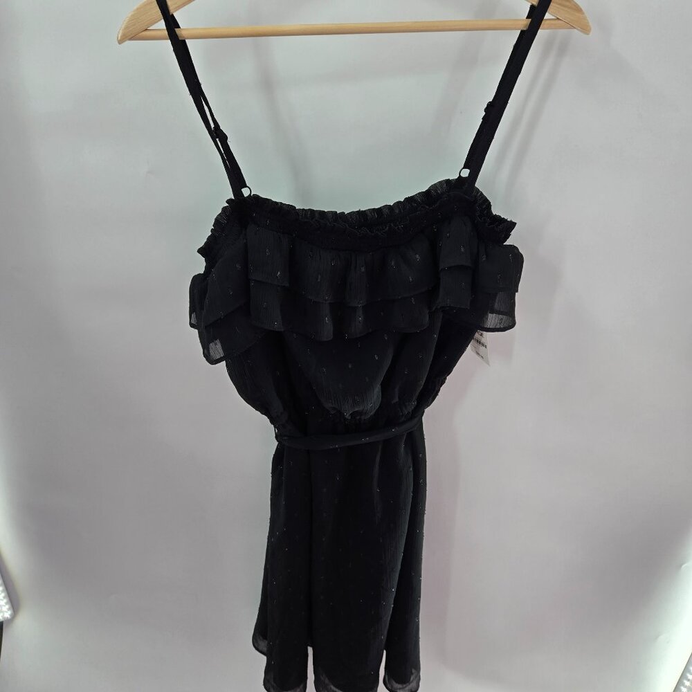 INC Black Swiss Dots Square Neck Ruffled Lined Belt Midi Dress Size Large
